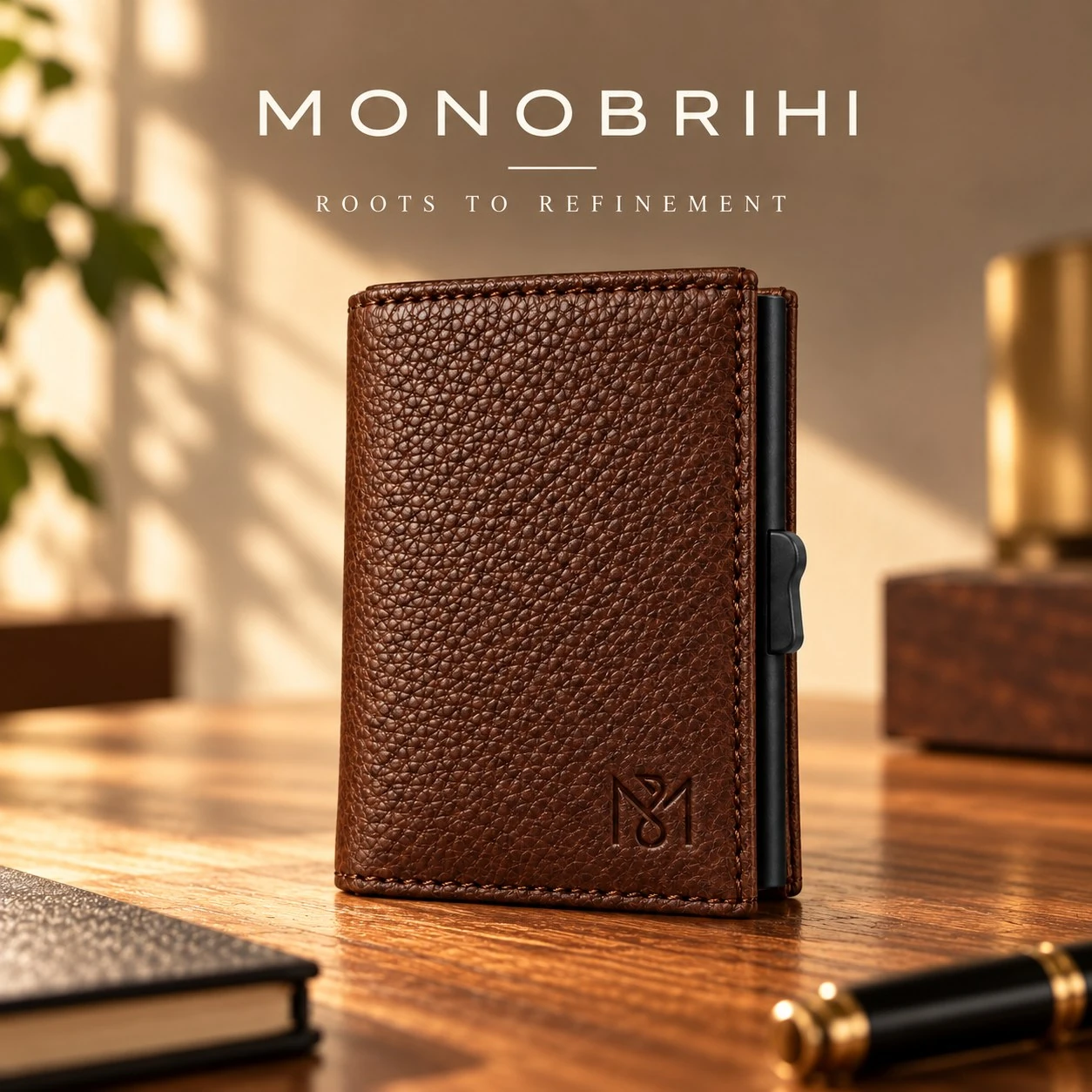 MONOBRIHI brown wallet photographed on a sunlit desk