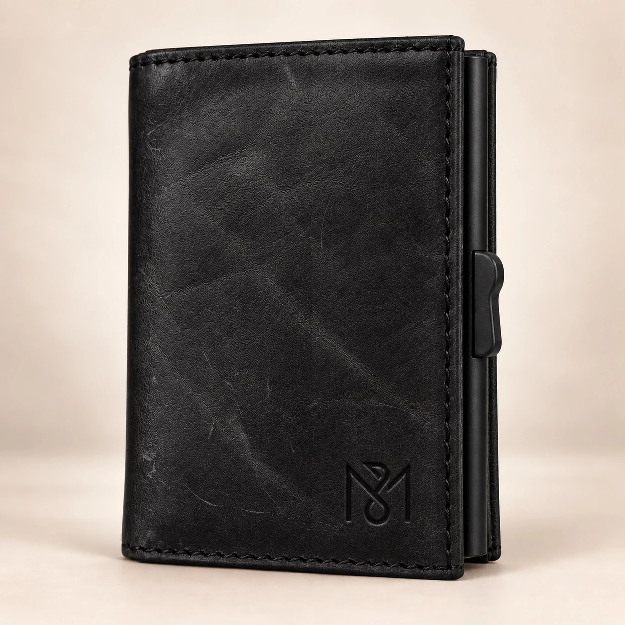 A closer view of a black MONOBRIHI wallet